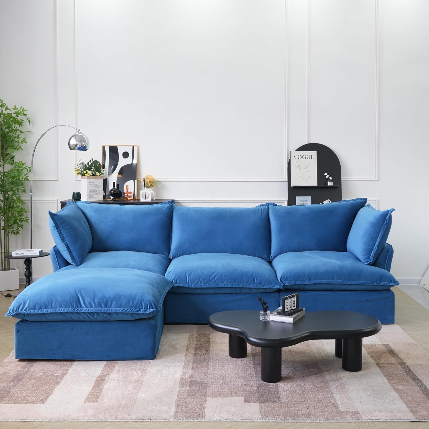 Sabi Modular Boucle Cloud Sofa - Blue - 3-Seater Sectional Sofa with Ottoman - Nuvé