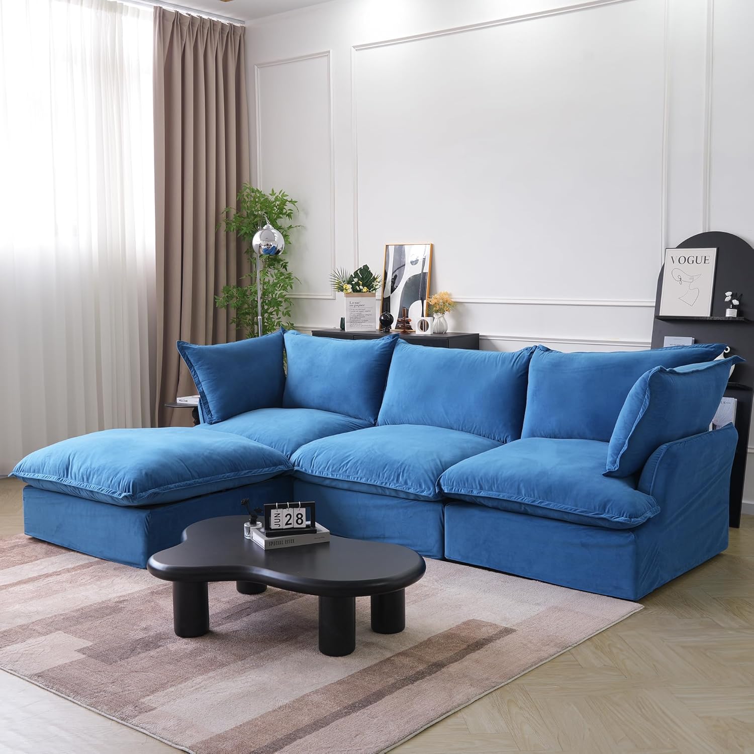 Sabi Modular Boucle Cloud Sofa - Blue - 3-Seater Sectional Sofa with Ottoman - Nuvé