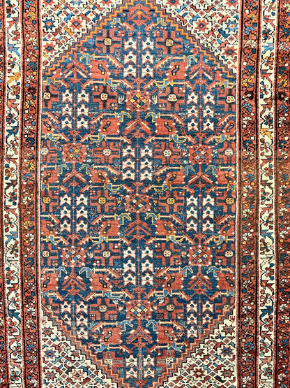 Persian Malayer Rug 4x7, Tribal Rug, Geometric, Antique Oriental Carpet, Red Blue Cream, Boho Rug, Hand Knotted Wool Rug - Nuvé