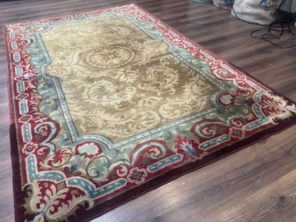 Tibetan Aubusson Rug 6x9, Gold-Beige, Soft Wool Pile, Handmade - Nuvé