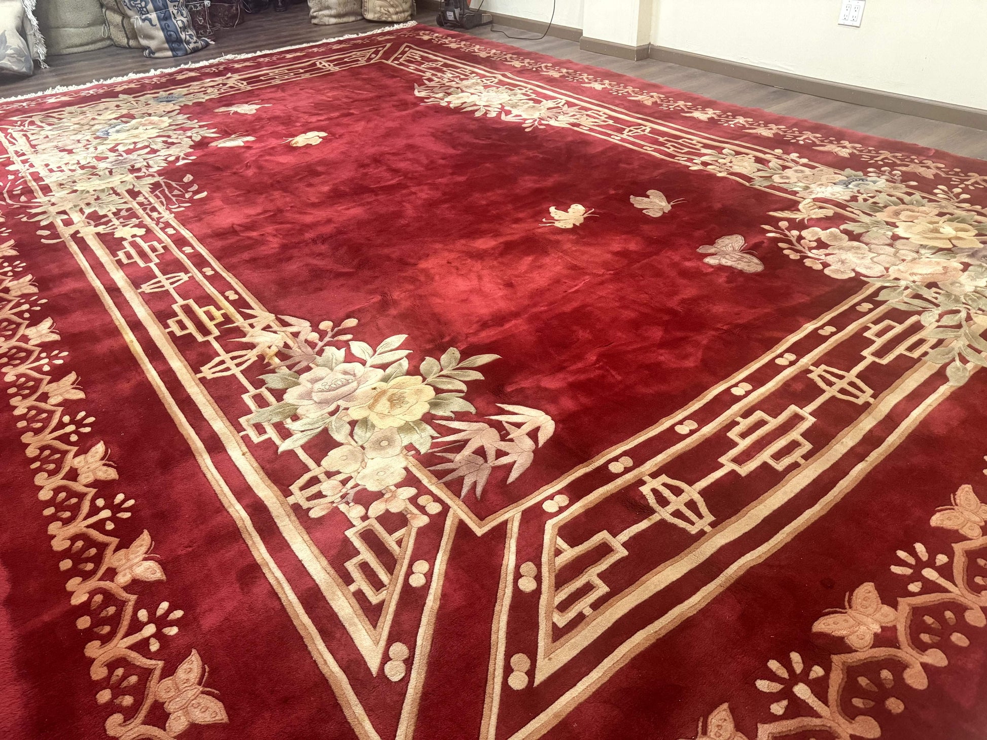 Palace Size Chinese Wool Rug 12x18, Red Art Deco Chinese Carving Carpet, Butterflies Flowers - Nuvé