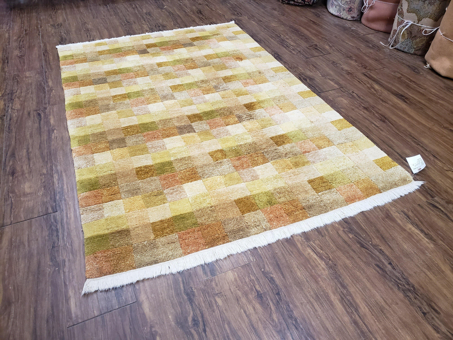 4x6 Tibetan Rug, Modern Abstract Handmade Area Rug, Checkerboard Pattern, Neutral Ivory Gold Tan Colors, Soft Pile, Mid Sized Rug, Nepali - Nuvé