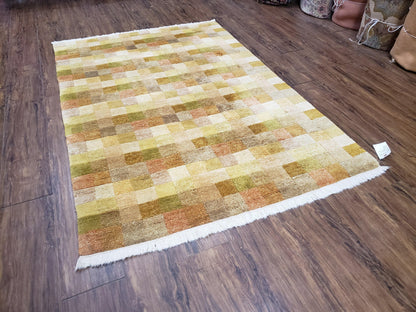4x6 Tibetan Rug, Modern Abstract Handmade Area Rug, Checkerboard Pattern, Neutral Ivory Gold Tan Colors, Soft Pile, Mid Sized Rug, Nepali - Nuvé