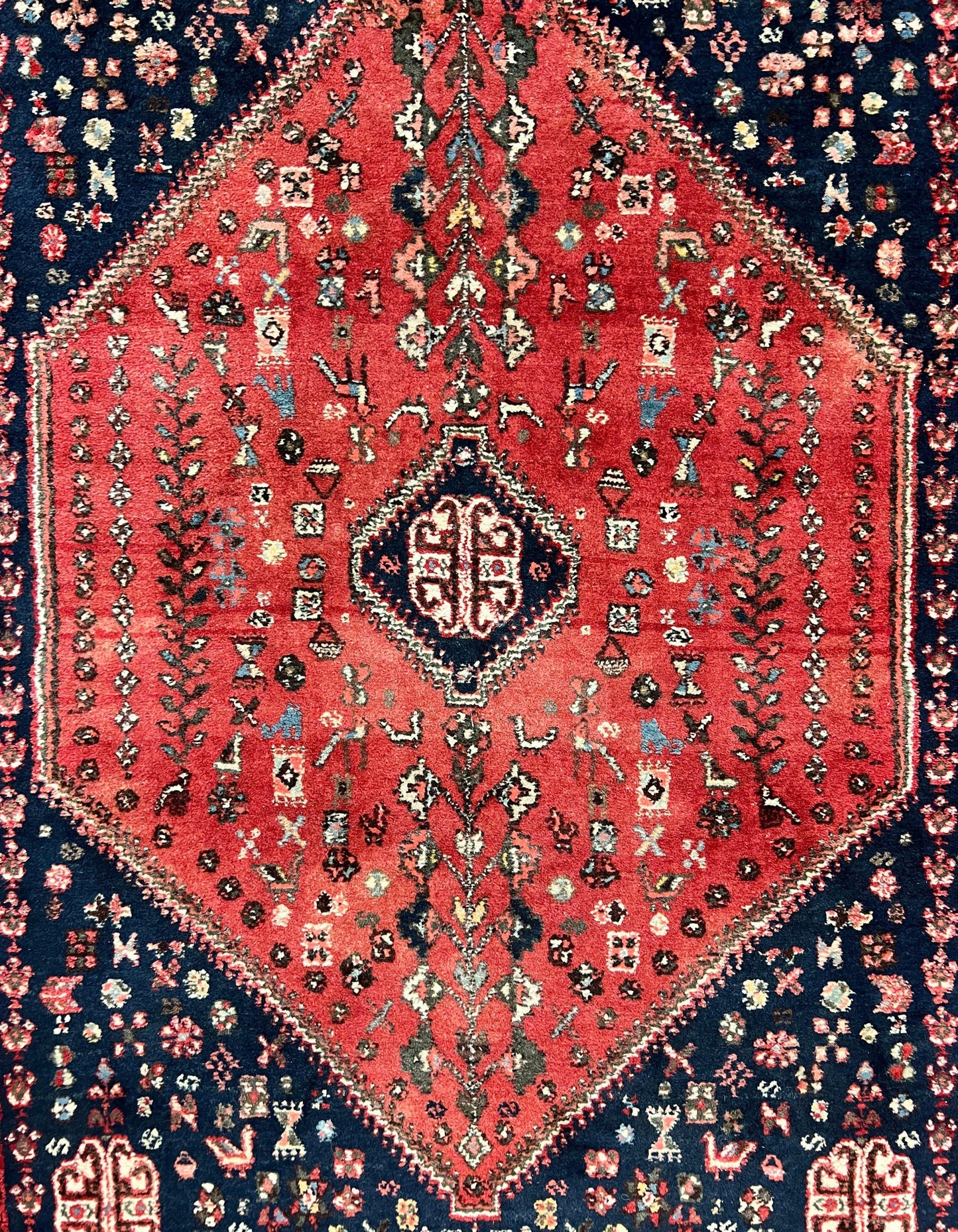 Persian Tribal Rug 3.6 x 5 ft, Persian Abadeh Rug, Geometric Medallion Bird Motifs, Red and Navy Blue Hand Knotted Handmade Wool Vintage Oriental Carpet - Nuvé