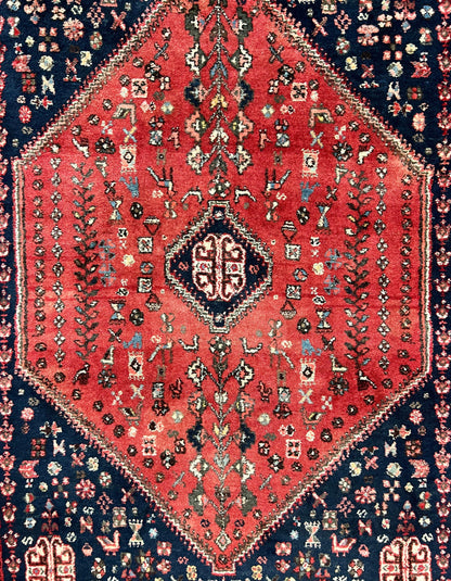 Persian Tribal Rug 3.6 x 5 ft, Persian Abadeh Rug, Geometric Medallion Bird Motifs, Red and Navy Blue Hand Knotted Handmade Wool Vintage Oriental Carpet - Nuvé
