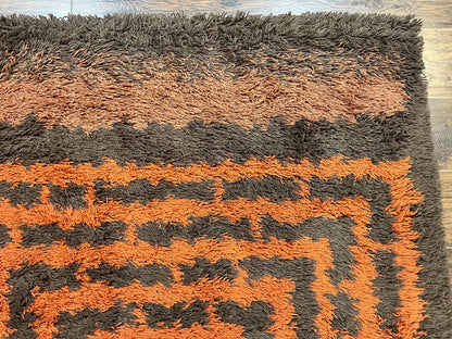 Vintage Rya Shag Rug 4.6 x 6.6, Abstract Design, Brown and Orange, Mid Century Danish Rya Carpet - Nuvé
