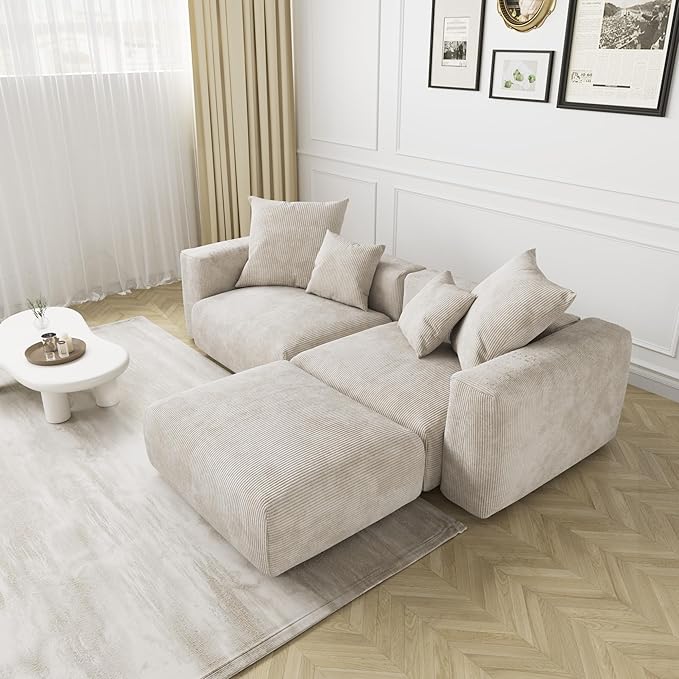 Kanso Corduroy Modular Bouclé Cloud Couch - Beige - 2-Seater Sectional Sofa with Ottoman - Nuvé