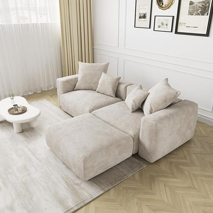 Kanso Corduroy Modular Bouclé Cloud Couch - Beige - 2-Seater Sectional Sofa with Ottoman - Nuvé