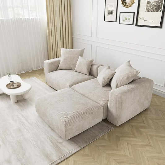 Kanso Corduroy Modular Bouclé Cloud Couch - Beige - 2-Seater Sectional Sofa with Ottoman - Nuvé