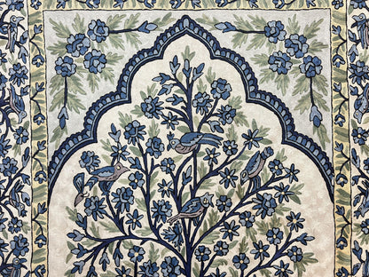 Tree of Life Indian Hand Stitched Rug 4x6, Indian Wall Hanging Rug, Ivory Blue, Silk on Cotton, Vintage - Nuvé
