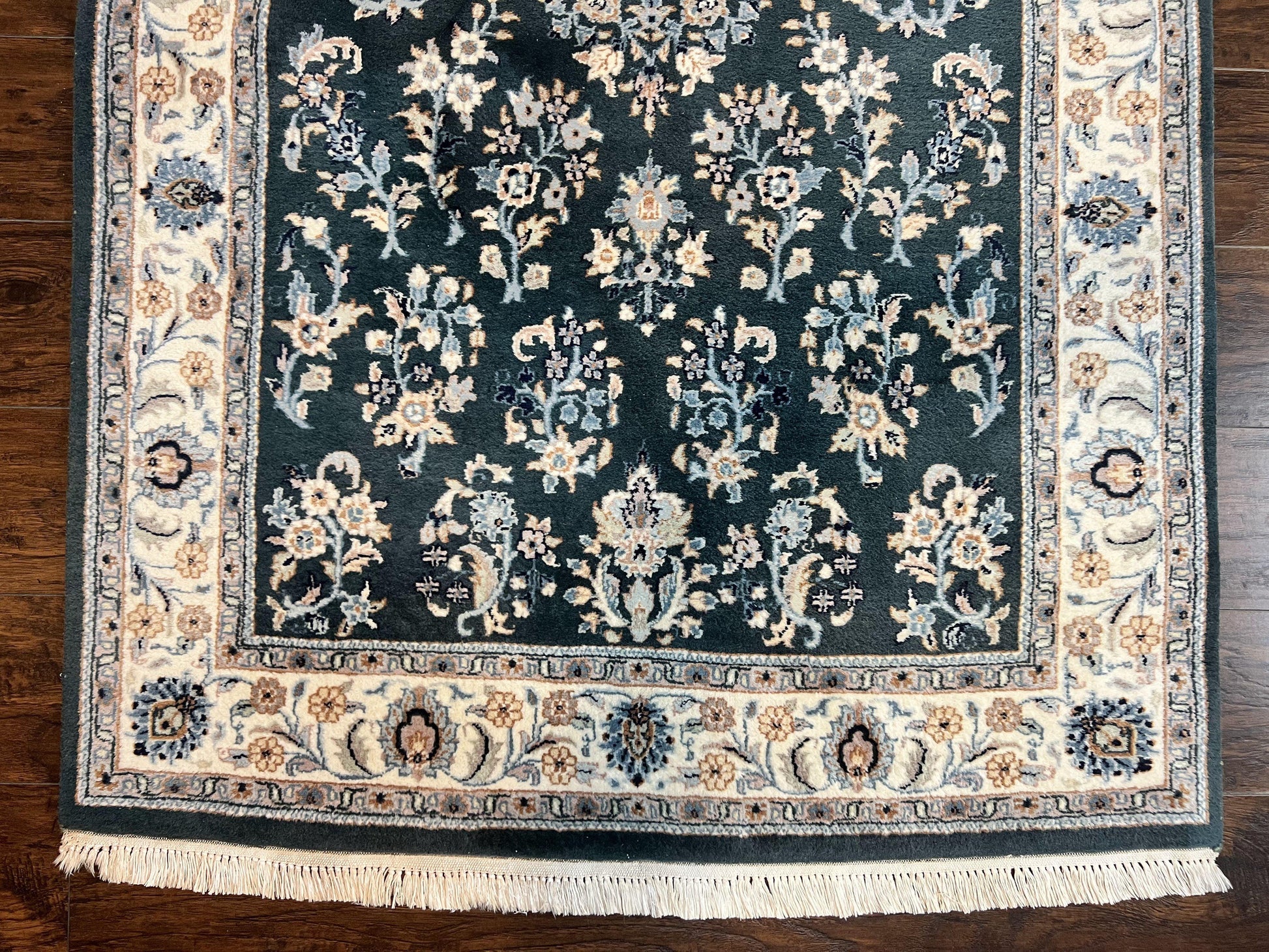 Green Indo Persian Rug 4x6, Floral Allover, Handmade Vintage Oriental Carpet, Sarouk Rug, Wool - Nuvé