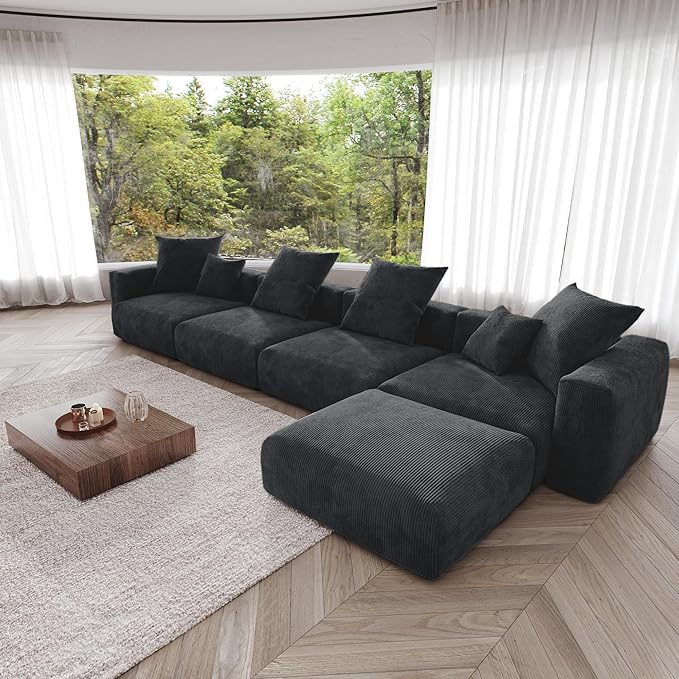 Kanso Corduroy Modular Bouclé Cloud Couch - Black - 4-Seater Sectional Sofa with Ottoman - Nuvé