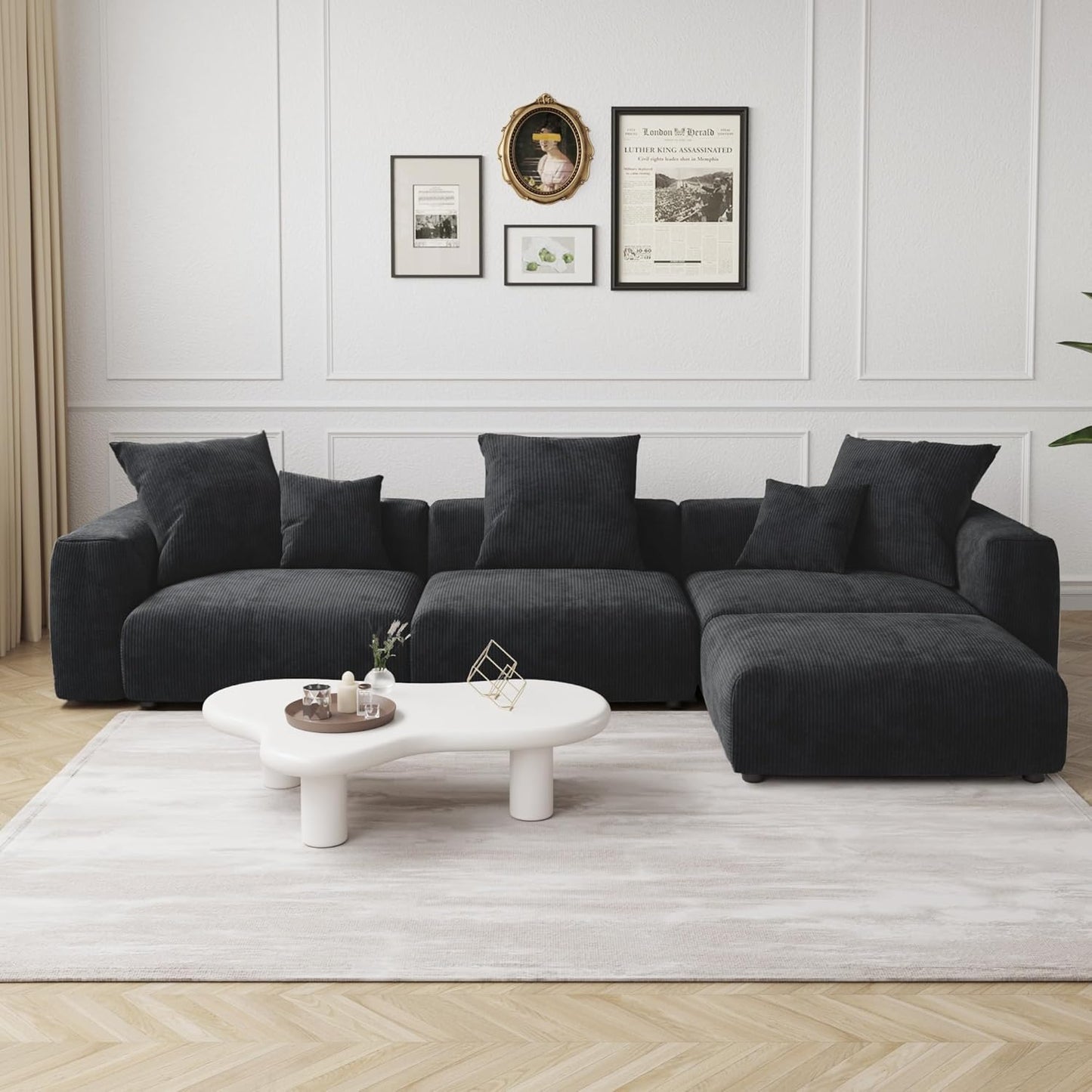 Kanso Corduroy Modular Bouclé Cloud Couch - Black - 3-Seater Sectional Sofa with Ottoman - Nuvé