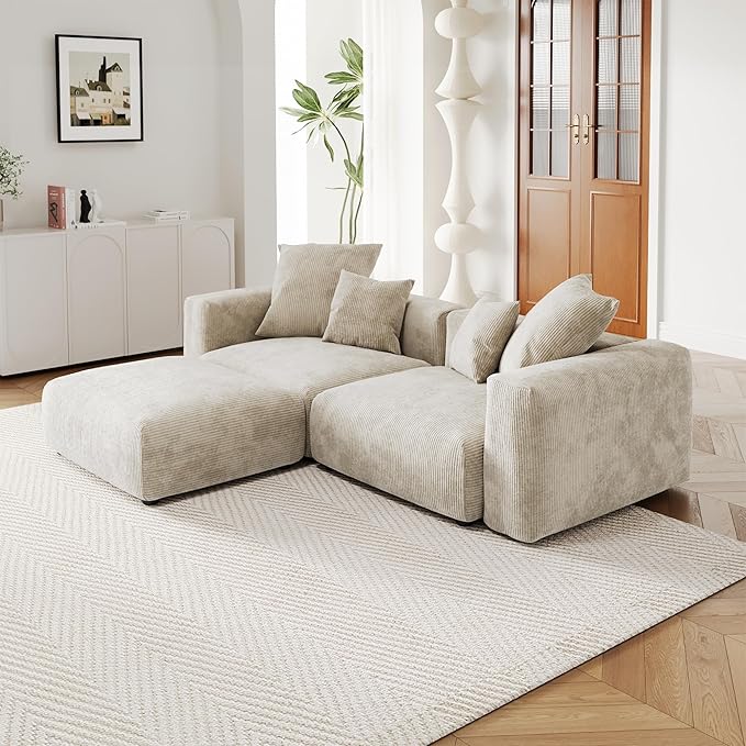 Kanso Corduroy Modular Bouclé Cloud Couch - Beige - 2-Seater Sectional Sofa with Ottoman - Nuvé