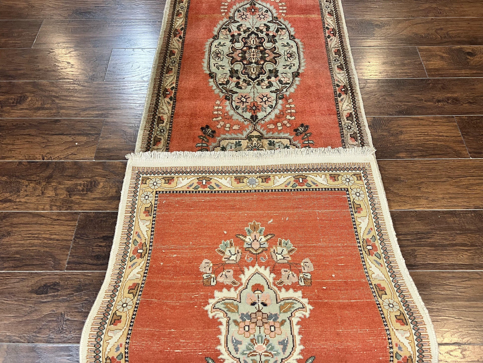 Persian Tabriz Runner Rug 3 x 12, Vintage Hand Knotted Wool Oriental Hallway Carpet, Light Red Beige Tan, Fine Weave, Semi Open Field, Traditional - Nuvé