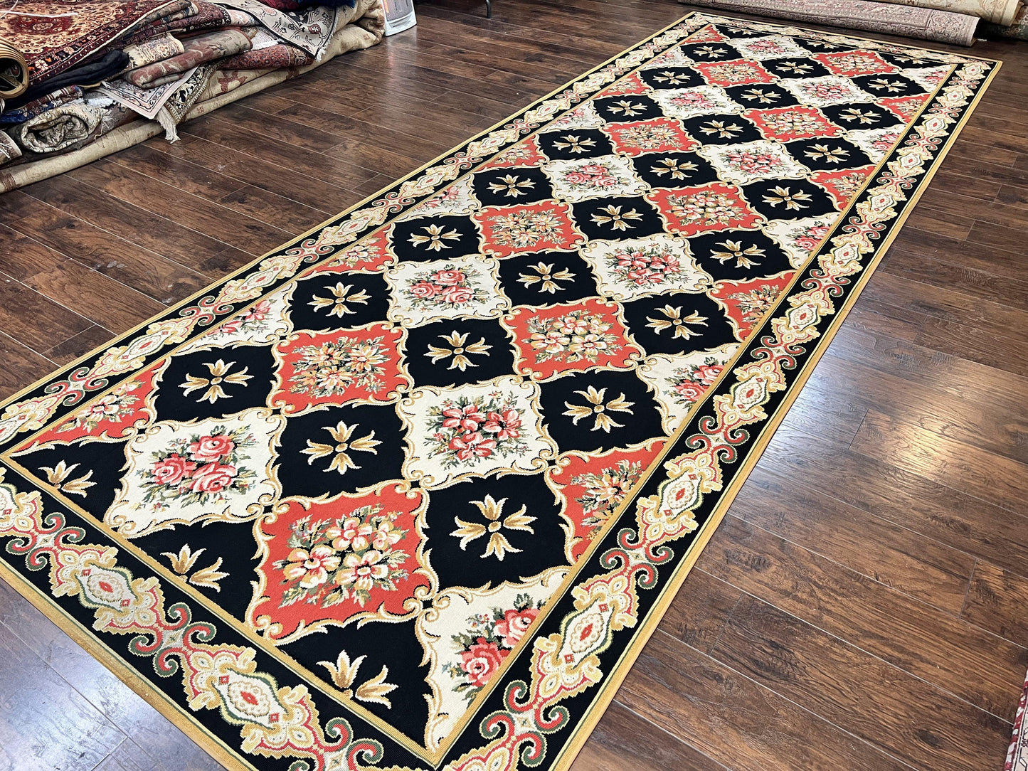 Wide Runner Rug 6x17 ft, Custom Made Vintage Stark Carpet 6 x 17 ft, Red Black Ivory, Corridor Hallway Rug, European Panel Design, Floral - Nuvé