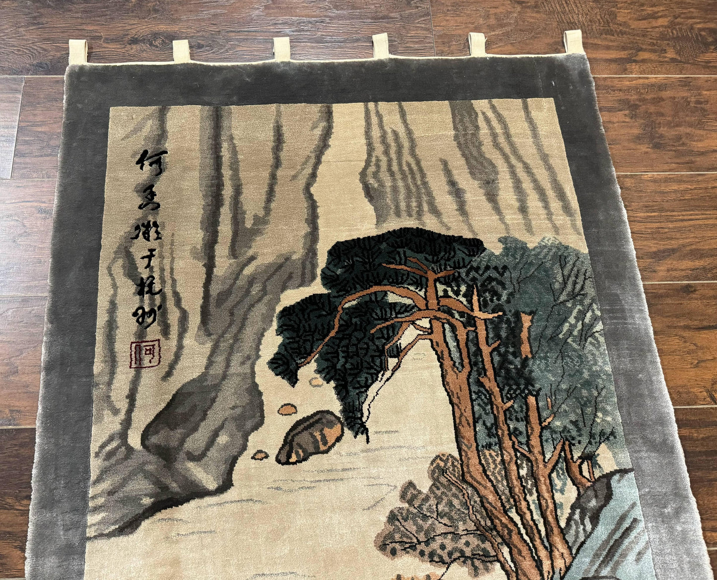 Chinese Silk Wall Hanging 3x5, Handmade, River and Boat Scene, Rug Tapestry - Nuvé
