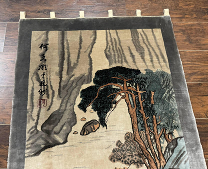 Chinese Silk Wall Hanging 3x5, Handmade, River and Boat Scene, Rug Tapestry - Nuvé