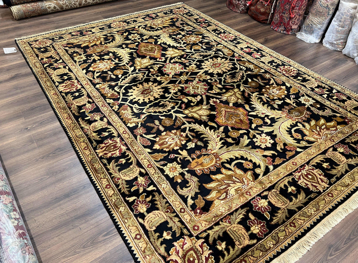 Indo Mahal Sultanabad Rug 8x11, Vintage Indian Oriental Carpet, Wool Handmade Floral Rug 8 x 11 ft, Black Beige Tan, Large Flowers Allover - Nuvé