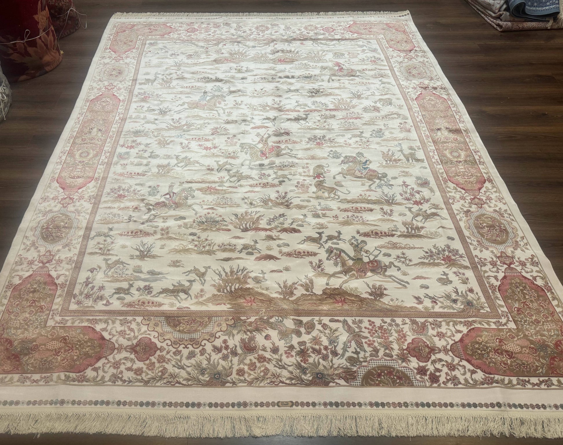 Large Turkish Silk Rug 8x10, Ivory, Hunting Design, Bamboo Silk, New - Nuvé