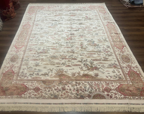 Large Turkish Silk Rug 8x10, Ivory, Hunting Design, Bamboo Silk, New - Nuvé