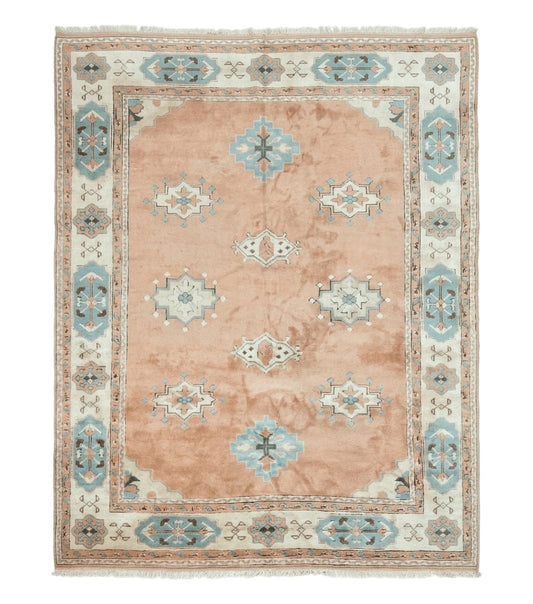 Turkish Oushak Rug 9x12, Wool Hand Knotted Vintage Carpet, Peach Cream Light Blue Room Sized Oriental Rug