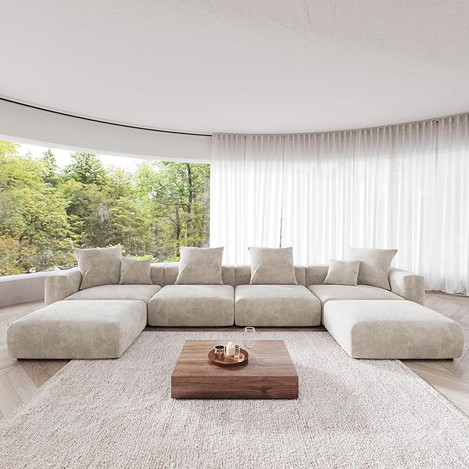 Kanso Corduroy Modular Bouclé Cloud Couch - Beige - 4-Seater Sectional Sofa with 2 Ottomans - Nuvé