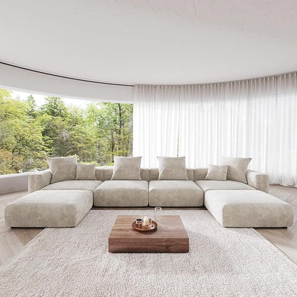 Kanso Corduroy Modular Bouclé Cloud Couch - Beige - 4-Seater Sectional Sofa with 2 Ottomans - Nuvé