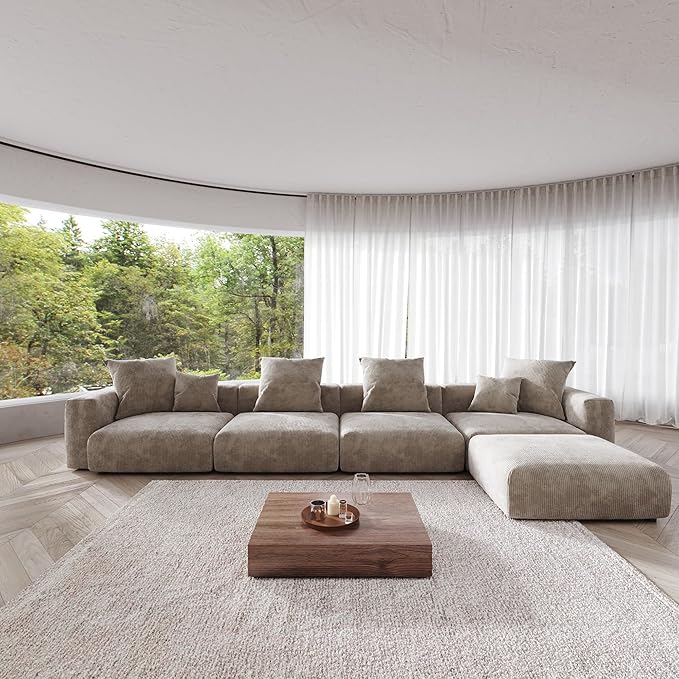 Kanso Corduroy Modular Bouclé Cloud Couch - Brown - 4-Seater Sectional Sofa with Ottoman - Nuvé