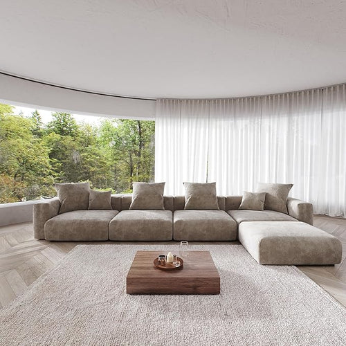 Kanso Corduroy Modular Bouclé Cloud Couch - Brown - 4-Seater Sectional Sofa with Ottoman - Nuvé