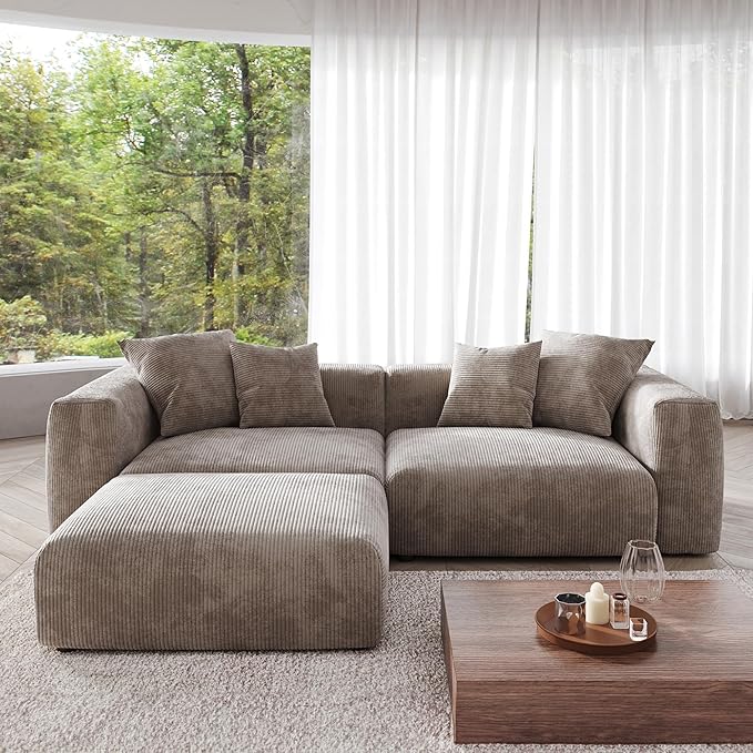 Kanso Corduroy Modular Bouclé Cloud Couch - Brown - 2-Seater Sectional Sofa with Ottoman - Nuvé