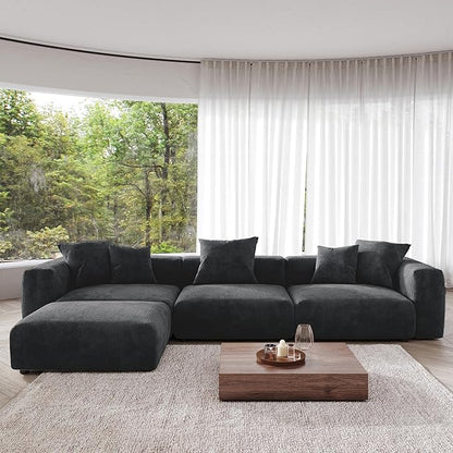 Kanso Corduroy Modular Bouclé Cloud Couch - Black - 3-Seater Sectional Sofa with Ottoman - Nuvé