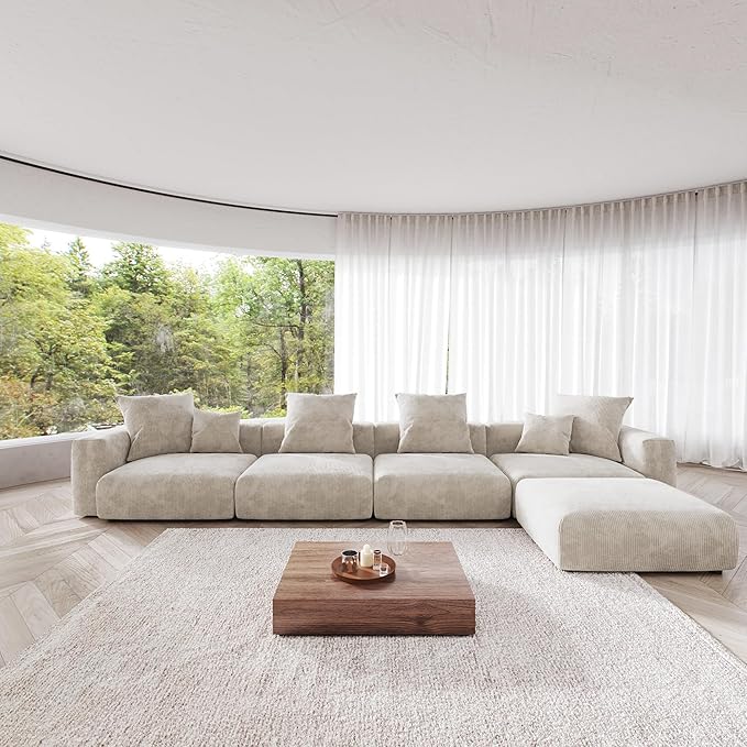 Kanso Corduroy Modular Bouclé Cloud Couch - Beige - 4-Seater Sectional Sofa with Ottoman - Nuvé