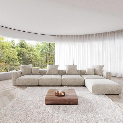 Kanso Corduroy Modular Bouclé Cloud Couch - Beige - 4-Seater Sectional Sofa with Ottoman - Nuvé