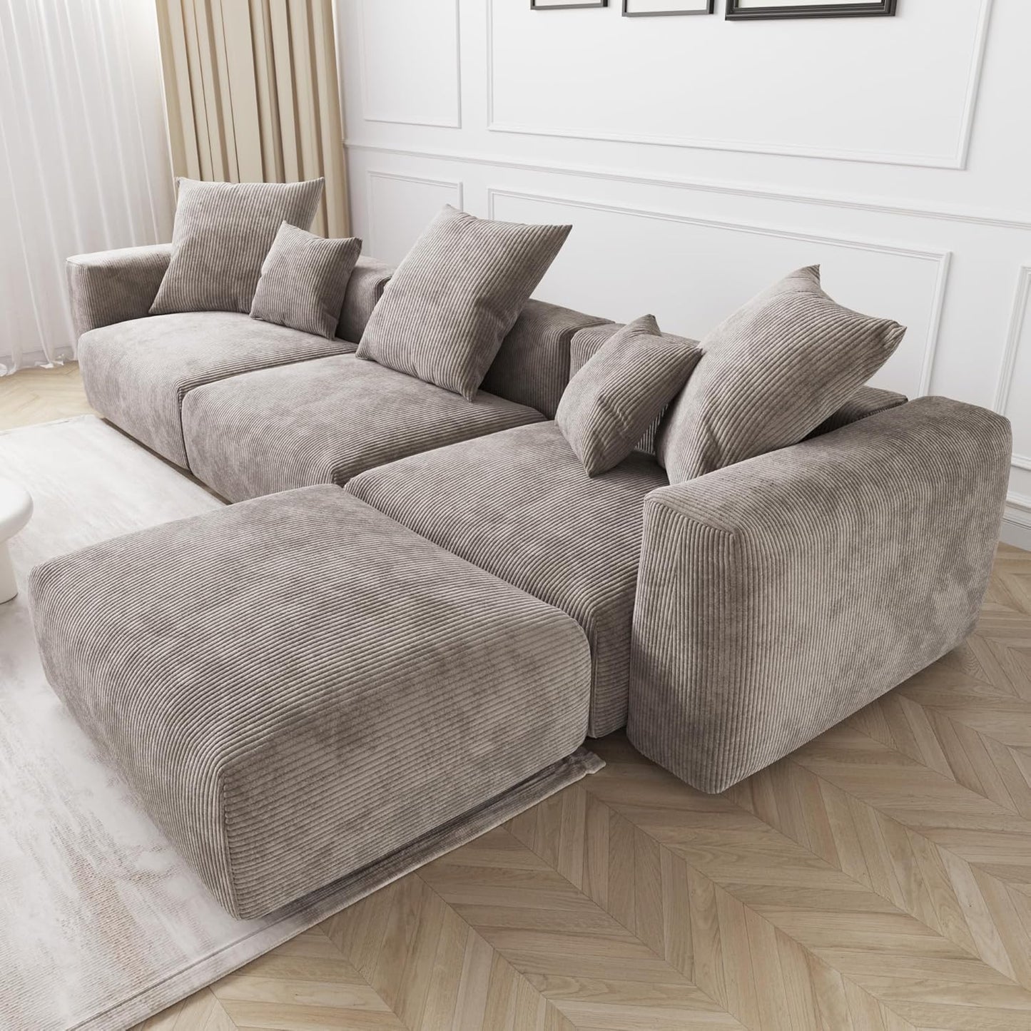 Kanso Corduroy Modular Bouclé Cloud Couch - Brown - 3-Seater Sectional Sofa with Ottoman - Nuvé