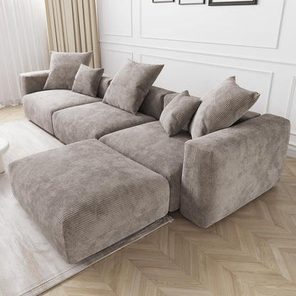 Kanso Corduroy Modular Bouclé Cloud Couch - Brown - 3-Seater Sectional Sofa with Ottoman - Nuvé