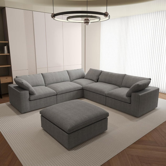 Nuvé® Solace Modular Bouclé Cloud Sofa - Space Grey - 5-Seater Corner + Ottoman - Nuvé