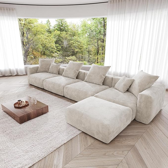 Kanso Corduroy Modular Bouclé Cloud Couch - Beige - 4-Seater Sectional Sofa with Ottoman - Nuvé
