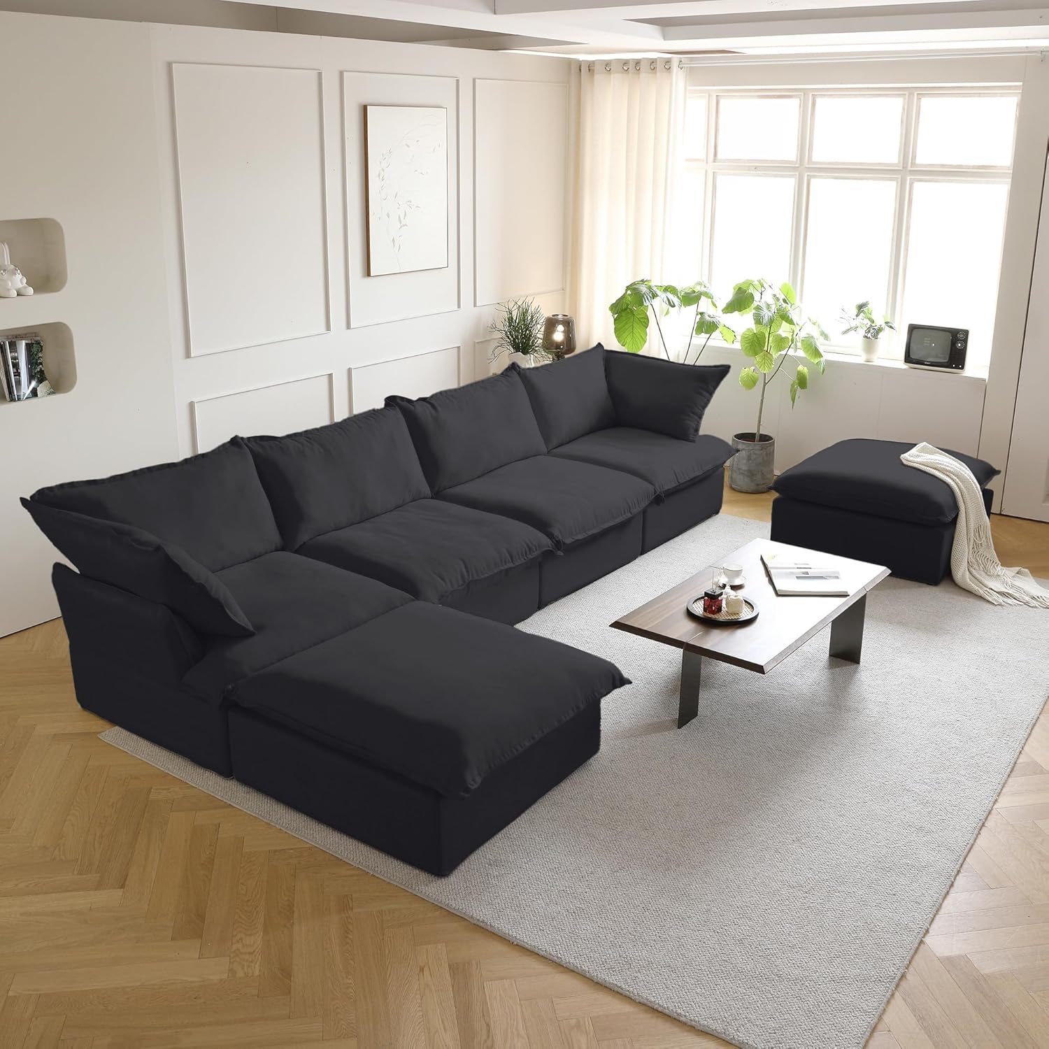 Sabi Modular Boucle Cloud Sofa - Obsidian Black - 4-Seater Sectional Sofa with 2 Ottomans - Nuvé
