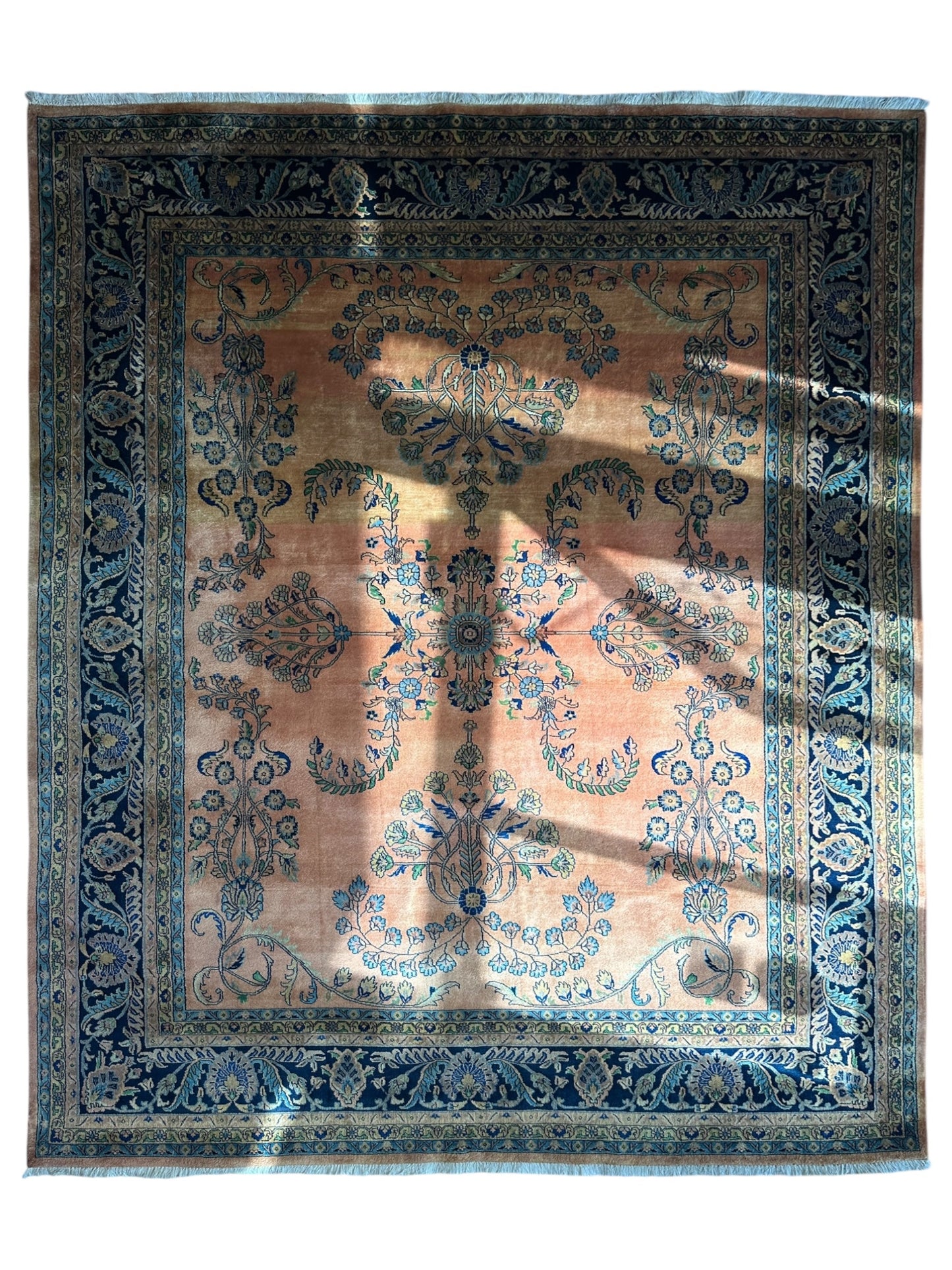 Hand-Knotted Indo-Sarouk Wool Rug – 8' x 10' – Peach Field with Navy Border - Nuvé