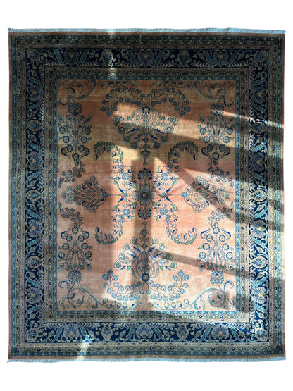 Hand-Knotted Indo-Sarouk Wool Rug – 8' x 10' – Peach Field with Navy Border - Nuvé