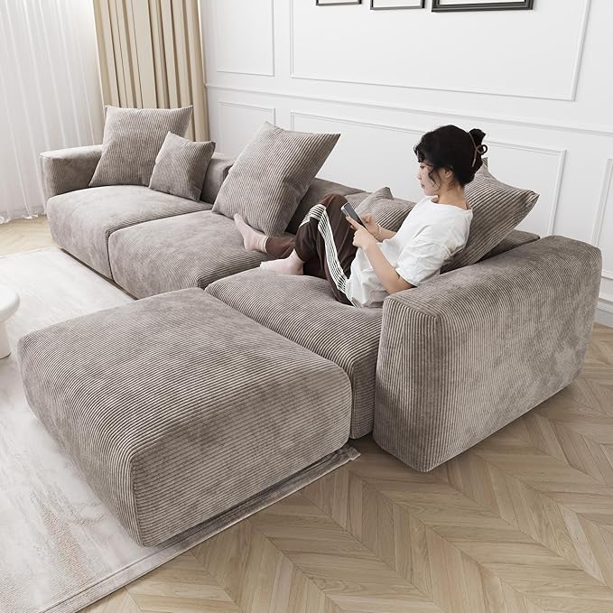 Kanso Corduroy Modular Bouclé Cloud Couch - Brown - 3-Seater Sectional Sofa with Ottoman - Nuvé