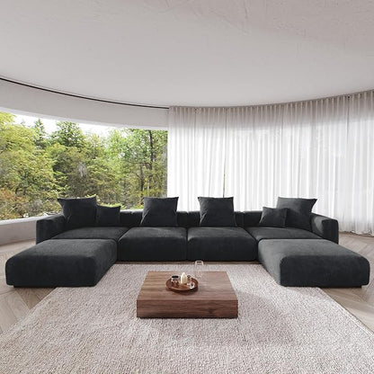 Kanso Corduroy Modular Bouclé Cloud Couch - Black - 4-Seater Sectional Sofa with 2 Ottomans - Nuvé