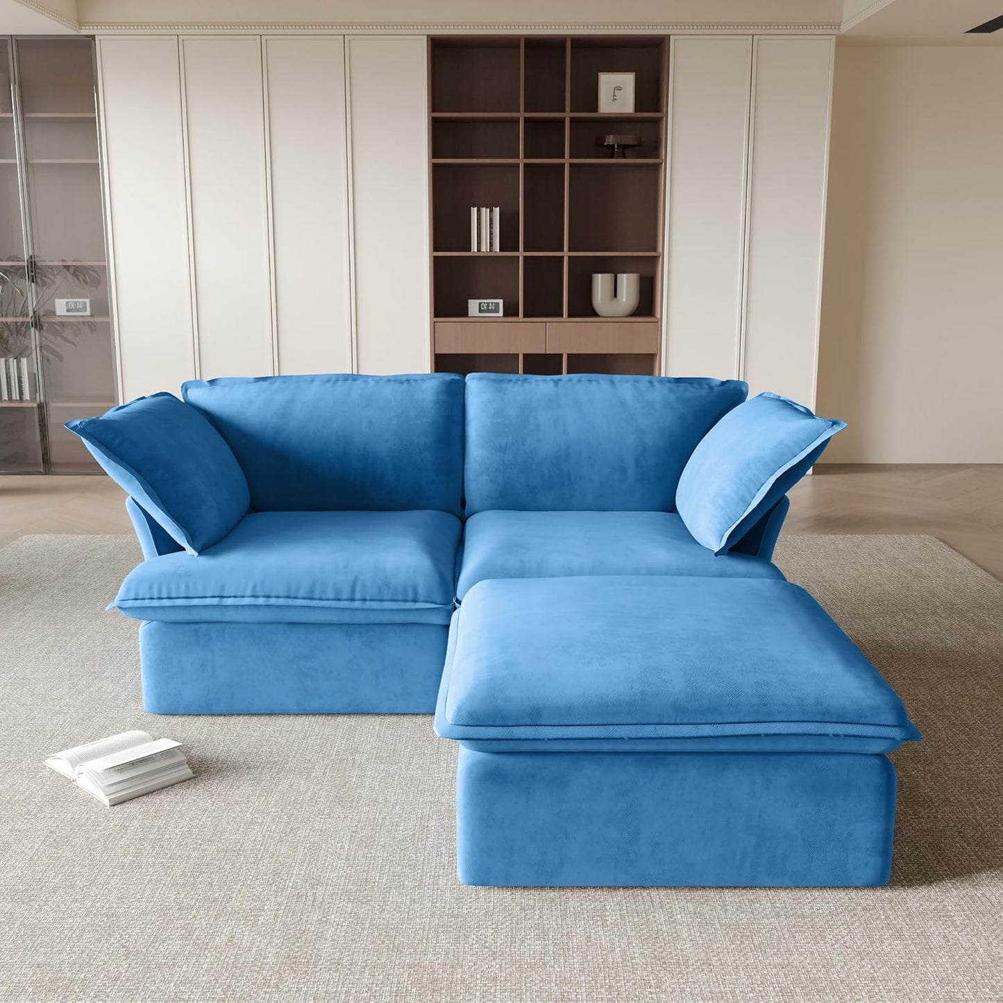 Sabi Modular Boucle Cloud Sofa - Blue - Single Seater Sofa with Ottoman - Nuvé