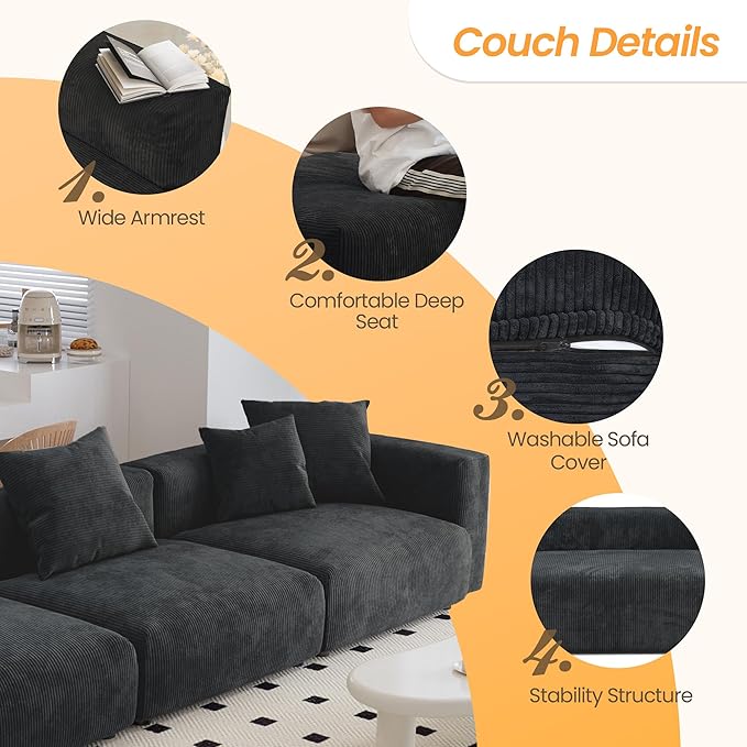 Kanso Corduroy Modular Bouclé Cloud Couch - Black - 3-Seater Sofa - Nuvé