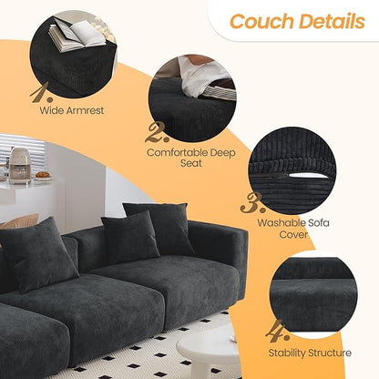 Kanso Corduroy Modular Bouclé Cloud Couch - Black - 3-Seater Sofa - Nuvé