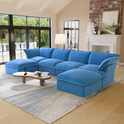 Sabi Modular Boucle Cloud Sofa- Blue - 5-Seater Sectional Sofa with Ottoman - Nuvé