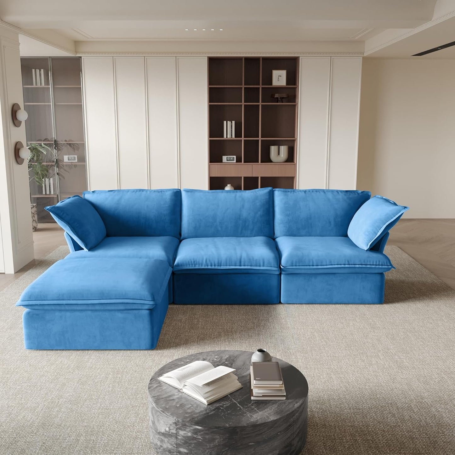 Sabi Modular Boucle Cloud Sofa - Blue - 3-Seater Sectional Sofa with Ottoman - Nuvé