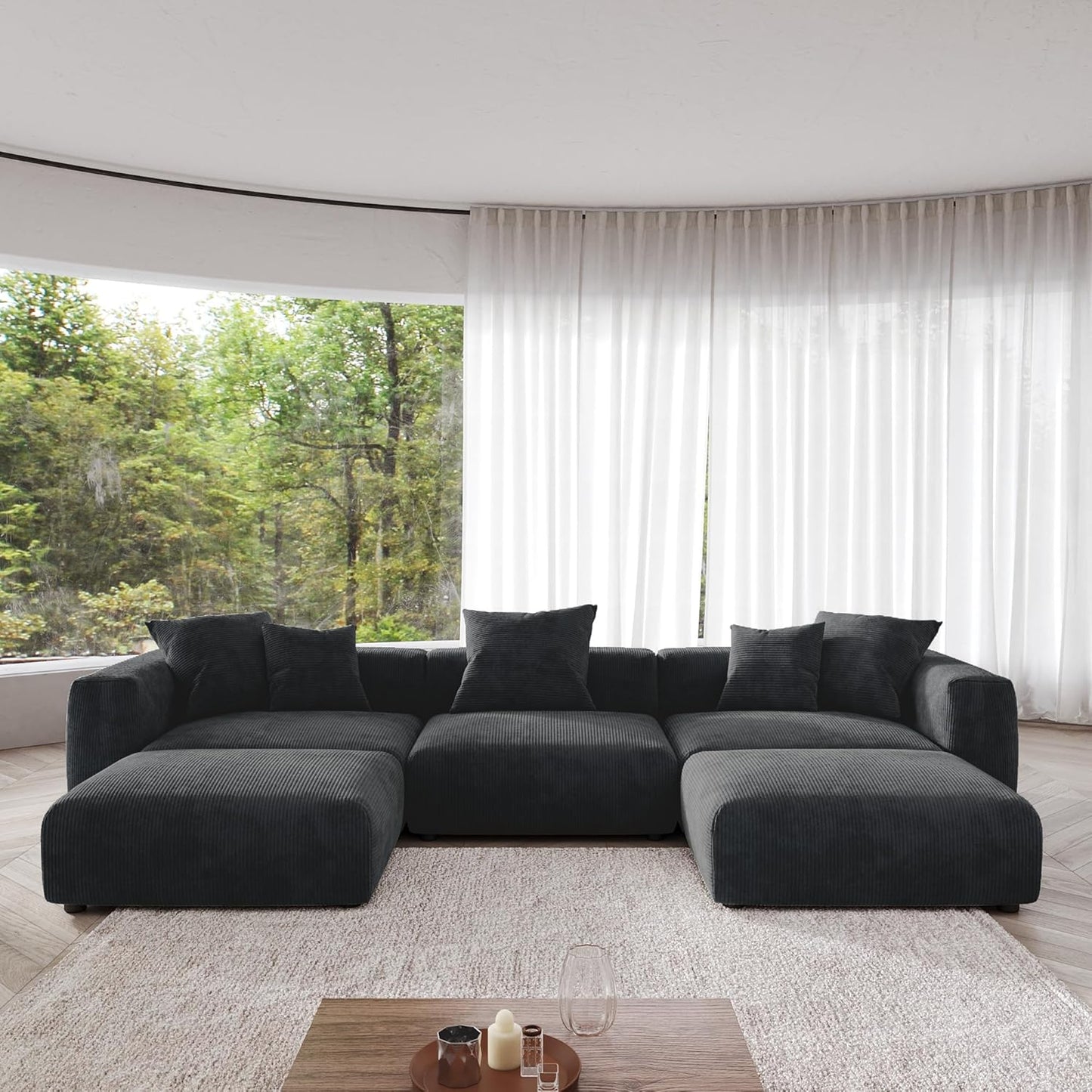 Kanso Corduroy Modular Bouclé Cloud Couch - Black - 3-Seater Sectional Sofa with 2 Ottomans - Nuvé