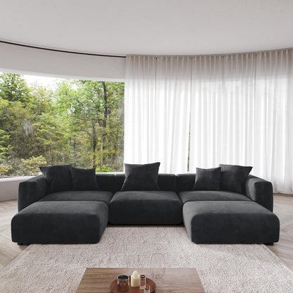 Kanso Corduroy Modular Bouclé Cloud Couch - Black - 3-Seater Sectional Sofa with 2 Ottomans - Nuvé